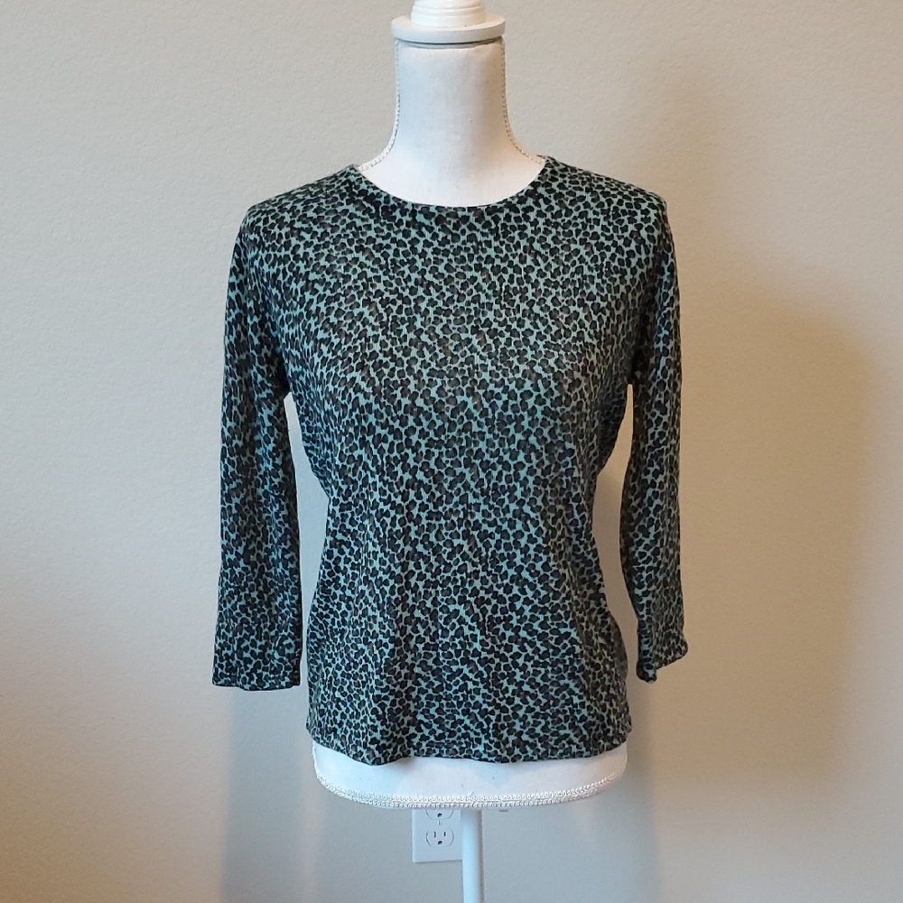 (3 For $20) Sag Harbor Teal and Black Leopard 3/4 Sleeve Sweater